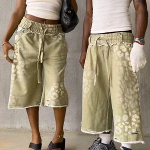 Custom Printing Leopard Streetwear Cotton Capris Pants Raw Hem Casual Baggy 3/4 Sweat Pants Summer Long Shorts For Men