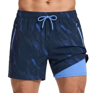 Custom Quick Dry Men’s Swim Trunks Compression Liner 2 In 1 Board Shorts Elastic Waist Zipper Pockets Athletic Beach Shorts