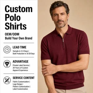 Custom Refined Men Burgundy Zip Polo Shirt Micro Square Jacquard Short Sleeve Rib Hem Smart Casual Knitwear Top
