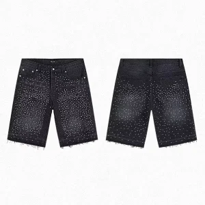Custom Rhinestone Crystal Boyfriend Denim Shorts Eco-Friendly Breathable Windproof Heavyweight Summer Vintage Casual Men’s