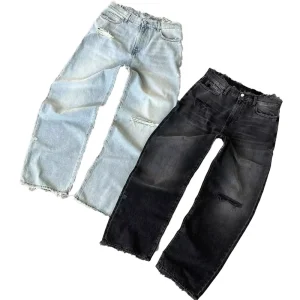 Custom Ripped Raw Heavyweight 16OZ Distressed Waist Hem Stonewashed Blue Black Baggy Jeans Flared Denim Pants for Men