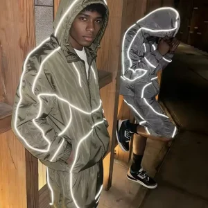 Custom Shell Track Jogging Suit Waterproof Polyester Oversized Zip up Hoodie Jacket and Short Set Reflective Nylon Tracksuit Men