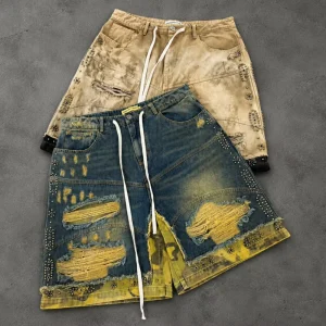 Custom Short Distressed Jeans For Men Double Layer Camo Blocked Color Men’s Jeans Eco Friendly Acid Wash Denim Shorts