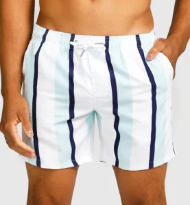 Custom Sizes Logo Accepted Bulk OEM Mint White Navy Stripe Waterproof With Pockets Quick Dry Swim Trunks Men’s Beach Shorts