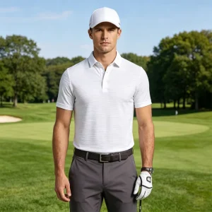 Custom Solid Golf Shirts Lightweight Moisture-Wicking Polyester Short Sleeve Premium Men’s White Textured Golf Polo
