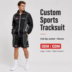 Custom Sportswear Waterproof Reflective Zip up Polyester Nylon Windbreaker Track Jacket and Shorts Set Men’s Tracksuit