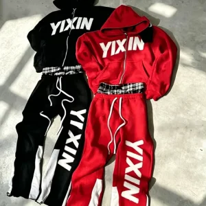 Custom Street Style Cropped Loose Zip-Up Hoodie Set Applique Embroidered Logo Men’s Casual Jogger Sportswear 305