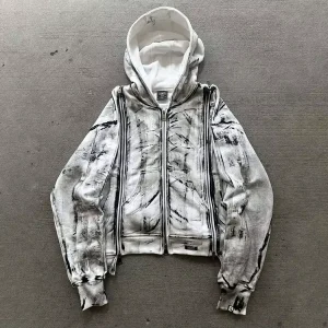Custom Street Style Summer 2 Piece Men’s Tracksuit Double Waist Shorts & Zip Up Hoodie Acid Wash & Spray Dye Sportswear