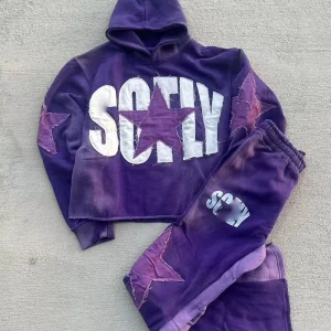 Custom Streetwear Applique Embroidery Men’s Hoodie Acid Washed Flared Pants Joggers Outfit High Quality Sweatshirt Set Men