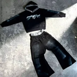 Custom Streetwear Distressed Patch Embroidered Two Piece Set Pullover Hoodie Double Waisted Jogger Sweatpants Mens Tracksuit
