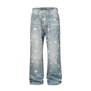 Custom Streetwear Fashion Rhinestone Srar Jeans Men Rhinestone Embellished Star Print Jeans Pants
