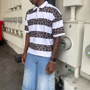 Custom Streetwear Striped T Shirt Contrast Striped Polo T shirt Oversized Short Sleeve Leopard Print Stripes Tshirt For Men