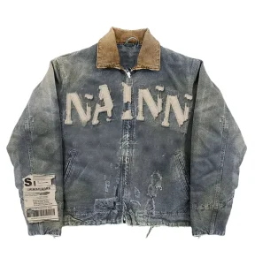 Custom Streetwear Vintage Jean Coats Winter Distressed Embroidered Patch Oversize Work Denim Jean Zip Jacket