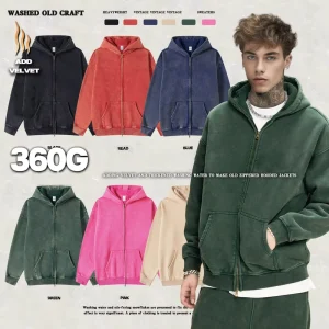 Custom Streetwear Washed Hoodies Mens Blank Black 360gsm Fleece Vintage Distressed Acid Wash Zip up Hoodie Men