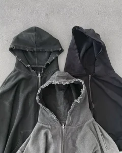 Custom Streetwear Washed Hoodies Mens Blank Black 450gsm French Terry Vintage Distressed Acid Wash Zip up Hoodie Men