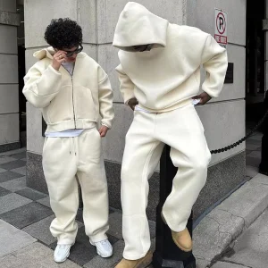 Custom Suits 450 Gsm Oversized Men’s Baggy Plain Crop Heavy Zip up Hoodie and Loose Fit Sweatpants Tracksuit Set