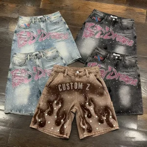 Custom Summer Cotton Vintage Jean Shorts Jorts Mid Waist Acid Wash Casual Distressed Streetwear Rhinestone Denim Shorts Men