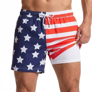 Custom Summer Hawaiian USA Print Men’s Quick Dry Swim Trunks Drawstring Elastic Waist Beach Shorts For Surfing & Vacation