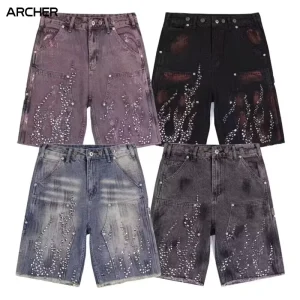 Custom Summer Men’s Streetwear Distressed Denim Shorts Vintage Diamond Baggy Acid Wash All Rhinestone Design Jeans Jorts for Men