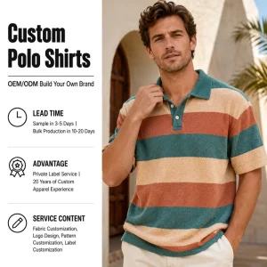 Custom Supply Men Terry Knit Polo Shirt Teal Apricot Rust Stripe Short Sleeve Retro Casual Resort Knitwear Top