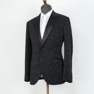 Custom Tailored Bespoke MTM Men’s Black Satin Jacquard Suit Tuxedo Formal Wedding Blazer for Groom