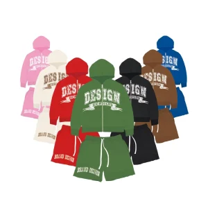 Custom Tracksuits for Men Double Zip Up Hoodie and Short Set Cotton French Terry Men’s Two Piece Outfit Hoodies and Jogger Sets