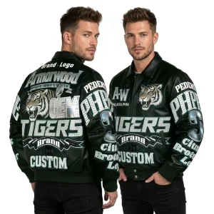 Custom USA City Limited Edition Luxury Rhinestone Embroidery Leather Bomber Jacket OEM Sheepskin Applique Men’s Jacket