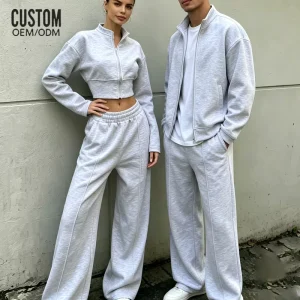 Custom Unisex Women’s Skinny Fit Zip-up Crop Jacket Joggers Set Breathable High Waist Wide Leg Casual Set Men’s Casual Tracksuit