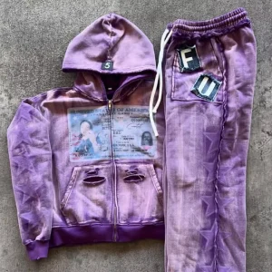 Custom Vintage Distressed Graphic Print Acid Washed Oversized Men’s Streetwear Hoodie and Sweatpants Set for Winter