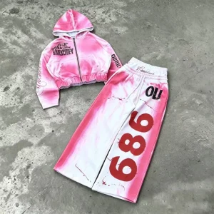 Custom Vintage High Street Rhinestone Tracksuit Acid Wash Double Waistband Sweatpants Matching Set