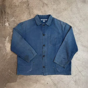 Custom Vintage Indigo Denim Chore Shirt Jacket for Men Washed French Workwear Utility Coat with 3 Pockets