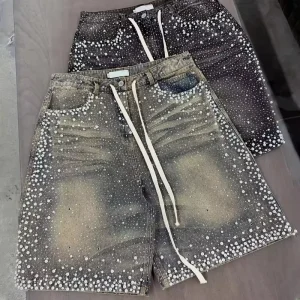 Custom Vintage Men’s Denim Cargo Shorts High Quality Streetwear Crystal Acid Distressed Rhinestone Denim Shorts