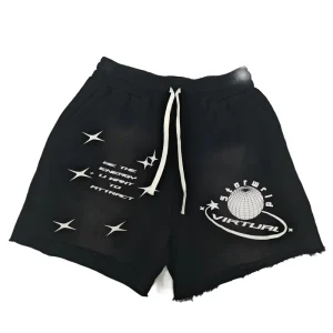Custom Vintage Washed Black Frayed Hem Streetwear Sweat Shorts Casual Drawstring Cotton Distressed Shorts