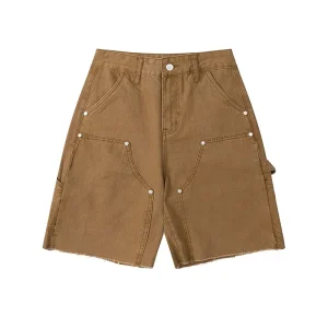 Custom Washed Brown Double Knee Carpenter Summer Men’s Casual Denim Shorts Baggy Skate Cargo Carpenter Jeans Shorts
