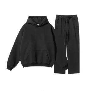Custom Winter Breathable Cotton Sportwear Black Sweatsuit Manufacture Hoodie & Jogger 2-Piece Men’s Tracksuit