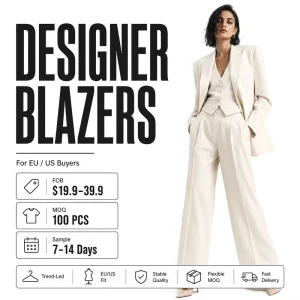 Custom Women Fashion Blazer 320 GSM Suiting Set EU US Fit OEM ODM Manufacturer BSCI GRS Certified AQL 1.5 Tech Pack Support