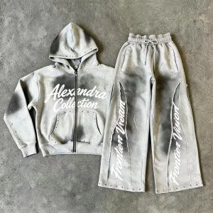 Custom Y2K Heavyweight Gradient Wash Hoodie Tracksuit Rivet Decor Wide Leg Sweatpants 2 Piece Streetwear Set