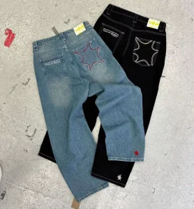 Custom Y2K Men’s Letter Printed Denim Jeans with Pockets Embroidery Patch Straight Jean Loose Baggy Street Retro Pants