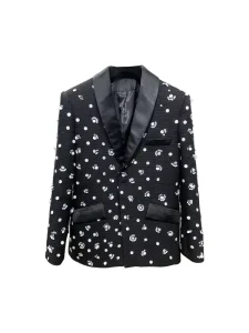 Custom Your Picture Camellia Beaded Notched Collar Single Breasted Slim Fit Black Long Sleeve Men’s Casual Blazer
