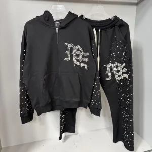 Custom Zip Up Men’s Hoodie Pants 2 Piece Set Rhinestone Letter Printing Streetwear Sweatshirt Men