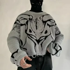 Custom logo Men’s Clothing Fashionable Jacquard Winter Sweater Long Sleeve Knitwear Cotton Knitted Distressed Pullover