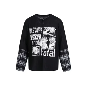 Custom logo Men’s Long Sleeve T Shirt Retro Two Piece Ribbed Letter Distressed Print Loose Fit Vintage Street Style Top