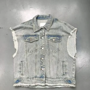 Custom logo Sleeveless Men’s Jacket Streetwear Raw Edge Plus Size Fashion Casual Jeans Jacket for Men