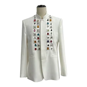 Customizable French Court-style White Stage Show Hand-set Diamond Fancy Diamond Men’s Blazer