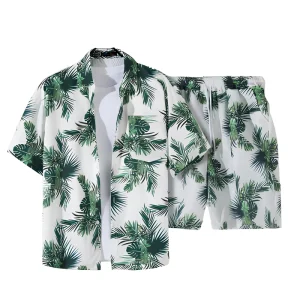 Customizable Men’s Trendy Two-Piece Hawaiian Print Breathable Casual Beach Shirt and Shorts Set Summer