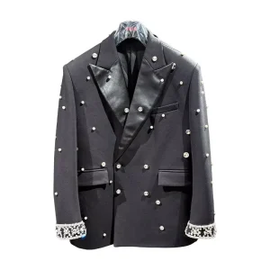 Customizable Picture Men’s Rhinestone Studded Double Breasted Blazer Party Stage Tuxedo Suit Jacket