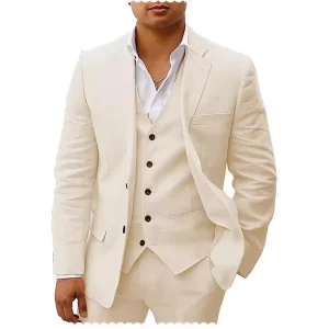 Customization Breathable Men’s Casual Daily 3 Piece Suits Cotton Linen Cool Summer Beach Wedding Blazer Vest Pant Suit