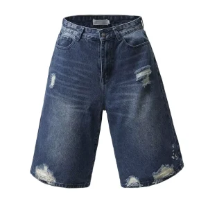 Customize Men Denim Jeans Shorts Sandblast Whiskers Distressed Vintage Denim Shorts Black