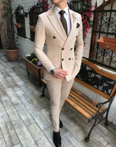 Customized (Blazer+Pants)New Beige Men’s Suit 2 Pieces Double breasted Notch Lapel Flat Slim Fit Casual Tuxedos for Wedding