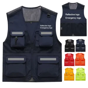 Customized Design Logo Outdoor Men’s Multi Pocket Vests Mesh Practical Work Clothes Reflective Safety Management Vest